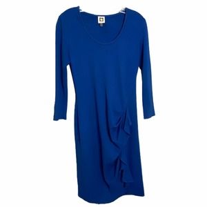 Anne Klein Women's Dress Sheath Blue Long Sleeve Ruched Ruffles Scoop Neck Sz 4